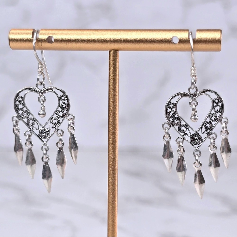 Sterling Silver 925 Filigree Heart Chandelier Dangle Earrings Boho Drop 3.4g